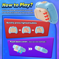 Instructions on how to play the Quick Push game. The image shows a sequence where players press the lit bubbles quickly and then push back the cover to progress to the next level. The console's battery compartment is also displayed.