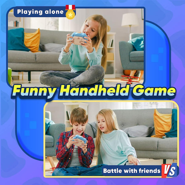 Two images showing children playing the Quick Push handheld game. One girl plays alone in a living room, while another image shows a boy and girl competing. 