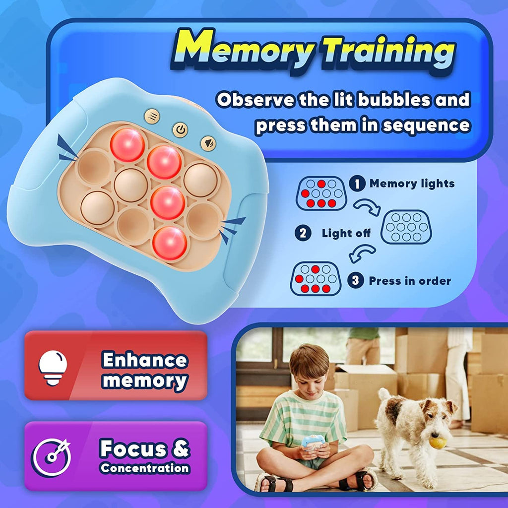A blue Quick Push toy with memory training instructions. The game involves observing the lit bubbles and pressing them in sequence. A young boy sits on the floor playing the game, with his dog nearby. The image emphasizes enhancing memory and improving focus and concentration.