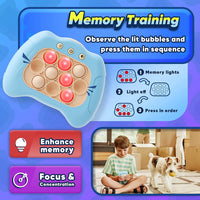A blue Quick Push toy with memory training instructions. The game involves observing the lit bubbles and pressing them in sequence. A young boy sits on the floor playing the game, with his dog nearby. The image emphasizes enhancing memory and improving focus and concentration.