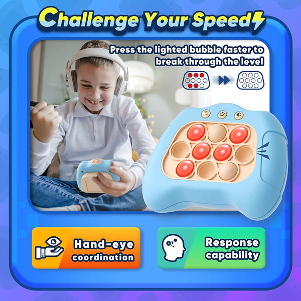 A young boy wearing headphones plays with a blue Quick Push game console. The console features light-up bubbles that need to be pressed quickly to progress through levels. The image highlights hand-eye coordination and response capability benefits.