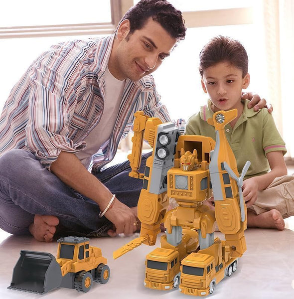 Father and son playing with the Magnetic RoboCar set. 