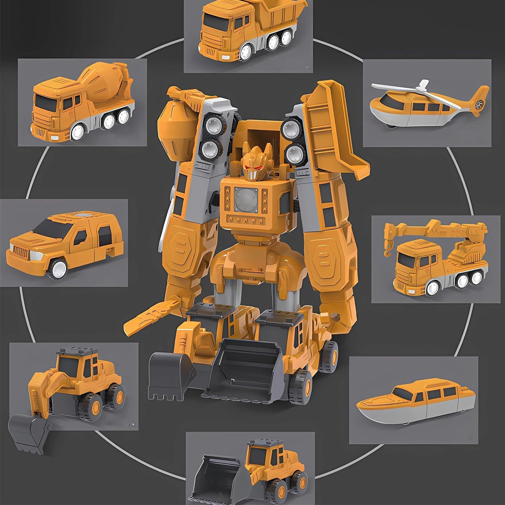 All construction vehicles, trucks, a boat, and a helicopter that can merge to create a big robot called RoboCar.