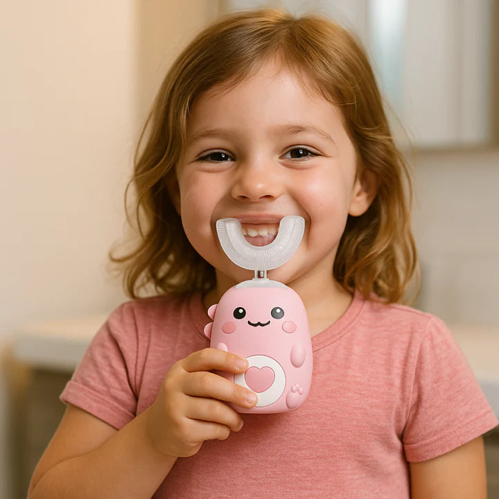 Child happily brushing her teeth using a pink SmartBrush 360. 