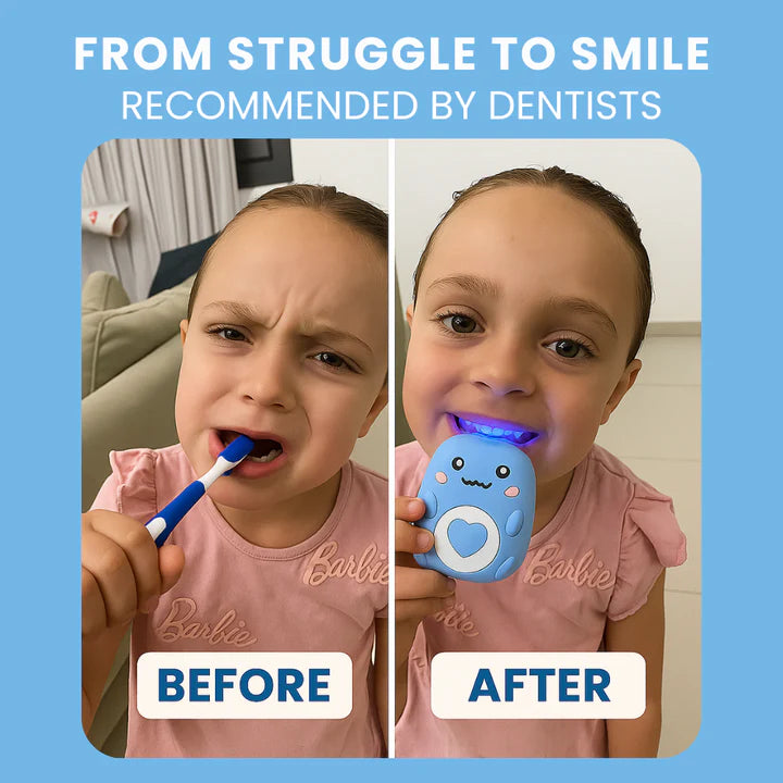 SmartBrush 360 for kids recommended by dentists, and a child being happy after using it. 
