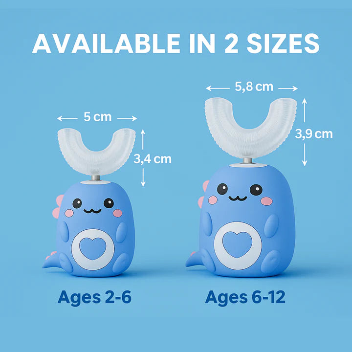 Dimensions of the small and large SmartBrush 360 teeth cleaning product for kids.