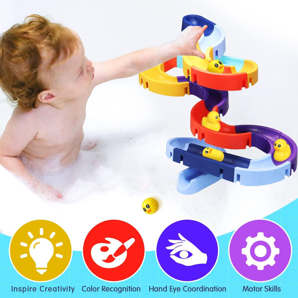 Infographic showing educational benefits of the Splish Splash Slide toy and a baby in a bath sliding yellow ducks down a slide mounted on the bathroom tiles.