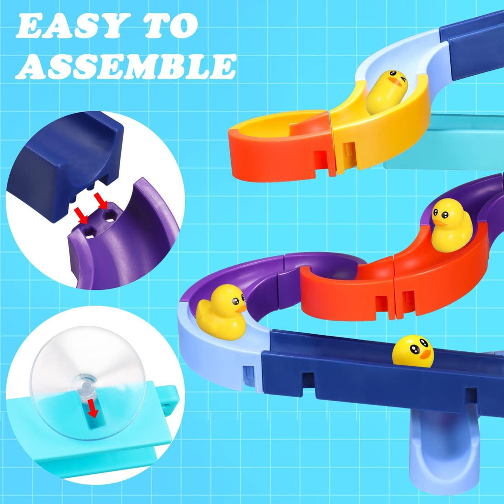 Close-up of a colorful plastic duck water slide toy with interlocking track pieces in blue, purple, red, and yellow. Small yellow rubber ducks glide along the track. Two inset images highlight the easy assembly mechanism with clip-on connectors and a suction cup attachment.