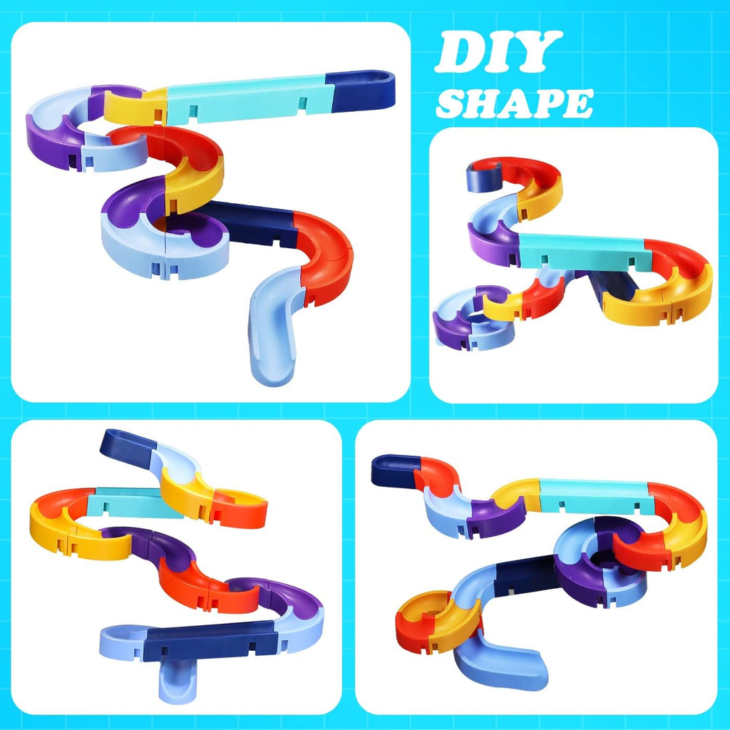 Multiple configurations of a colorful DIY Splish Splash Slide toy, featuring interlocking curved and straight pieces in blue, purple, red, yellow, and teal.