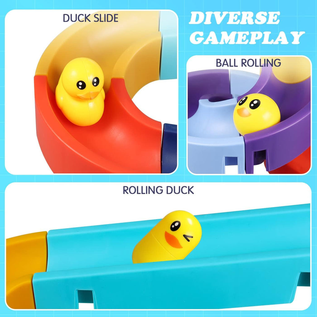 Close-up images of a colorful water slide toy featuring yellow duck figures rolling and sliding down curved and straight tracks. The text "DIVERSE GAMEPLAY" highlights different play modes, including "Duck Slide," "Ball Rolling," and "Rolling Duck," emphasizing the interactive and dynamic design of the toy.