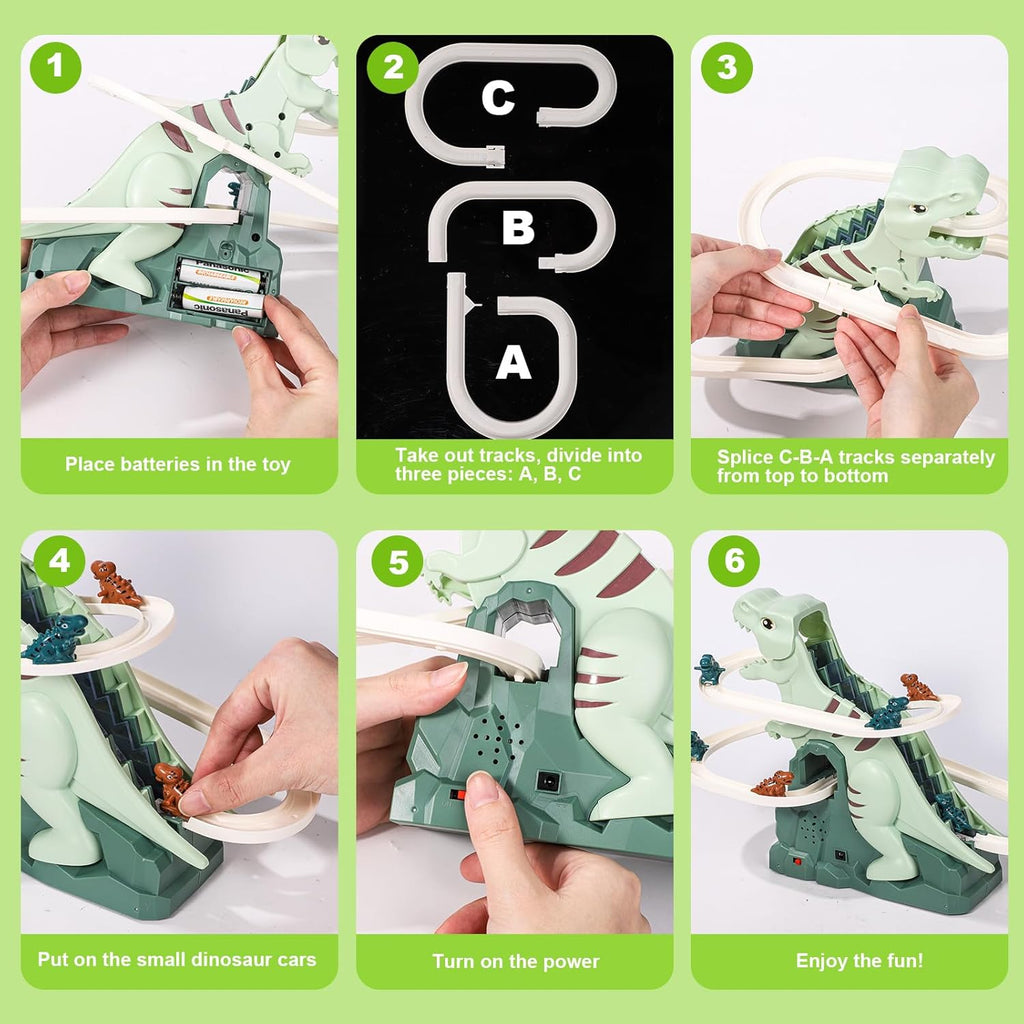 Infographic showing how to set up and play with the T-Rex Slide toy.