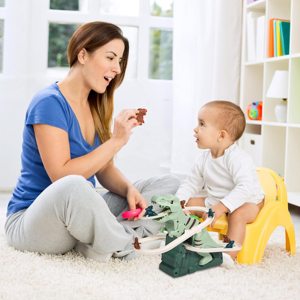 Mother and her baby playing with a T-Rex Slide toy which features a dinosaur stand, tracks going trough it, and small T-Rex figures with wheels.