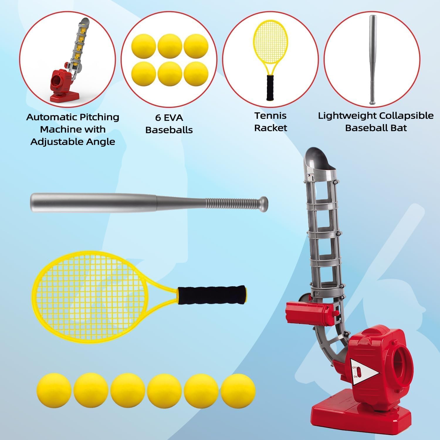 Tennis and Baseball launcher toy set containing an automatic pitching machine, six balls, tennis racket, and a baseball bat. 