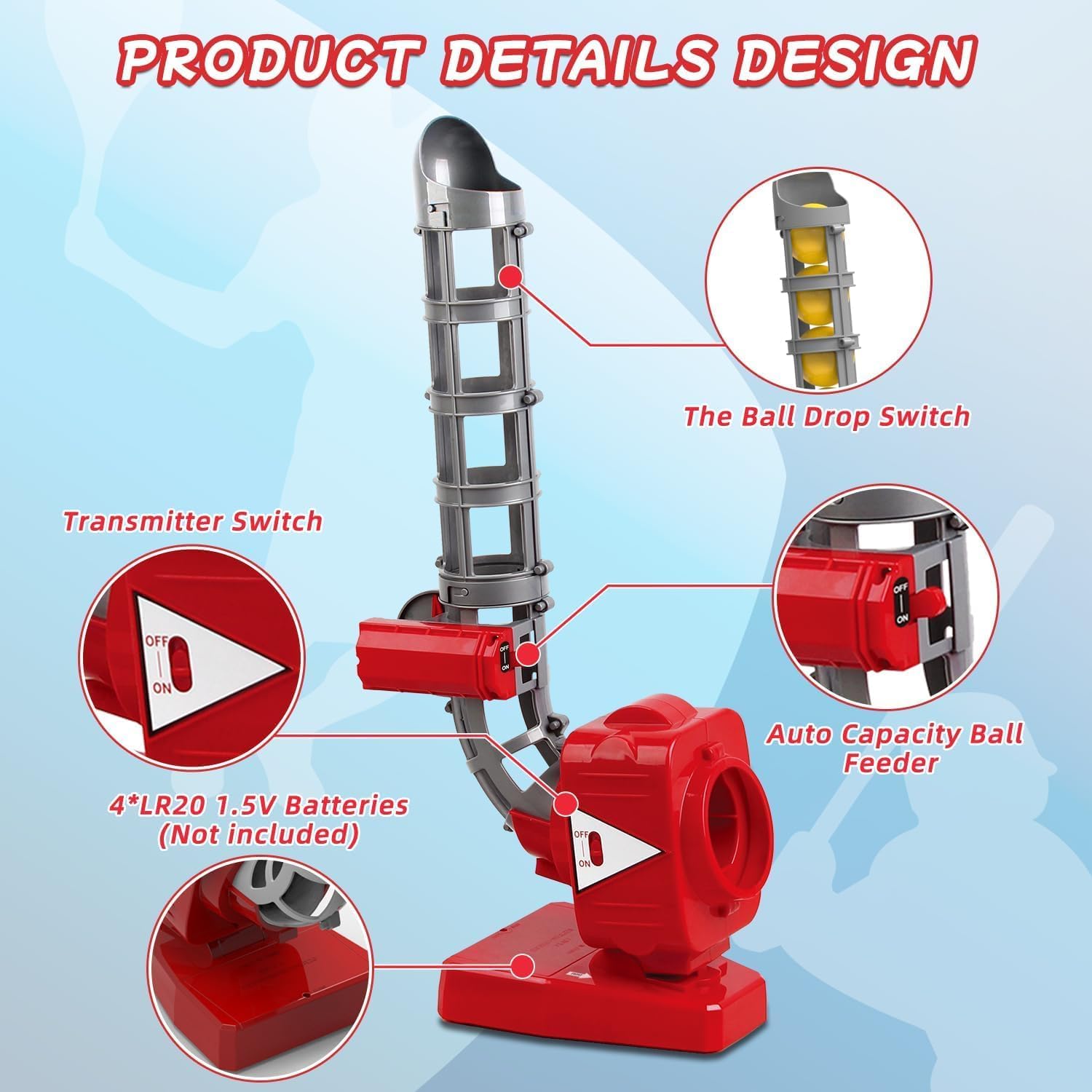 2-in-1 Tennis and Baseball Launcher featuring a ball drop chute, on and off switch, ball feeder, and battery compartment.