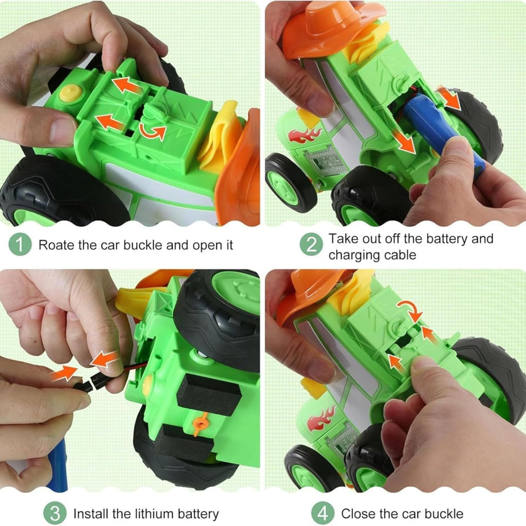Infographic showcasing how to insert or remove the battery from the Tumble Tractor toy.