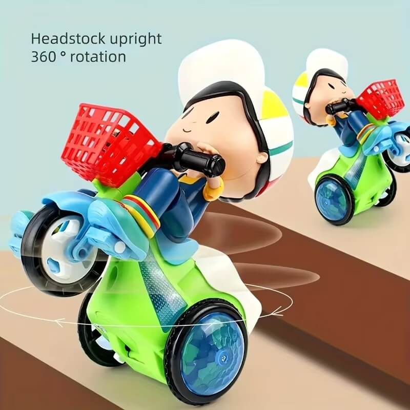 A toy tricycle with a cartoon boy figure performing a 360-degree rotation trick on a slanted surface. The tricycle has a red front basket, LED wheels, and a green and blue body. Motion blur and arrows illustrate its ability to rotate and balance upright. 