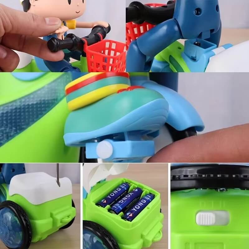 Close-up shots of the Twister Trike toy showcasing its interactive features, including a rotating handlebar, detachable figure, foot pedal mechanism, battery compartment, and on/off switch. The toy has a green body, blue wheels, and a red basket, with various functional components highlighted.