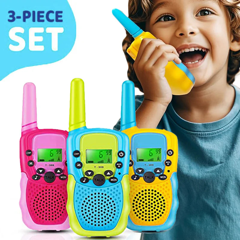 Infographic showcasing colorful 3-piece walkie talkie set and a child using it. 
