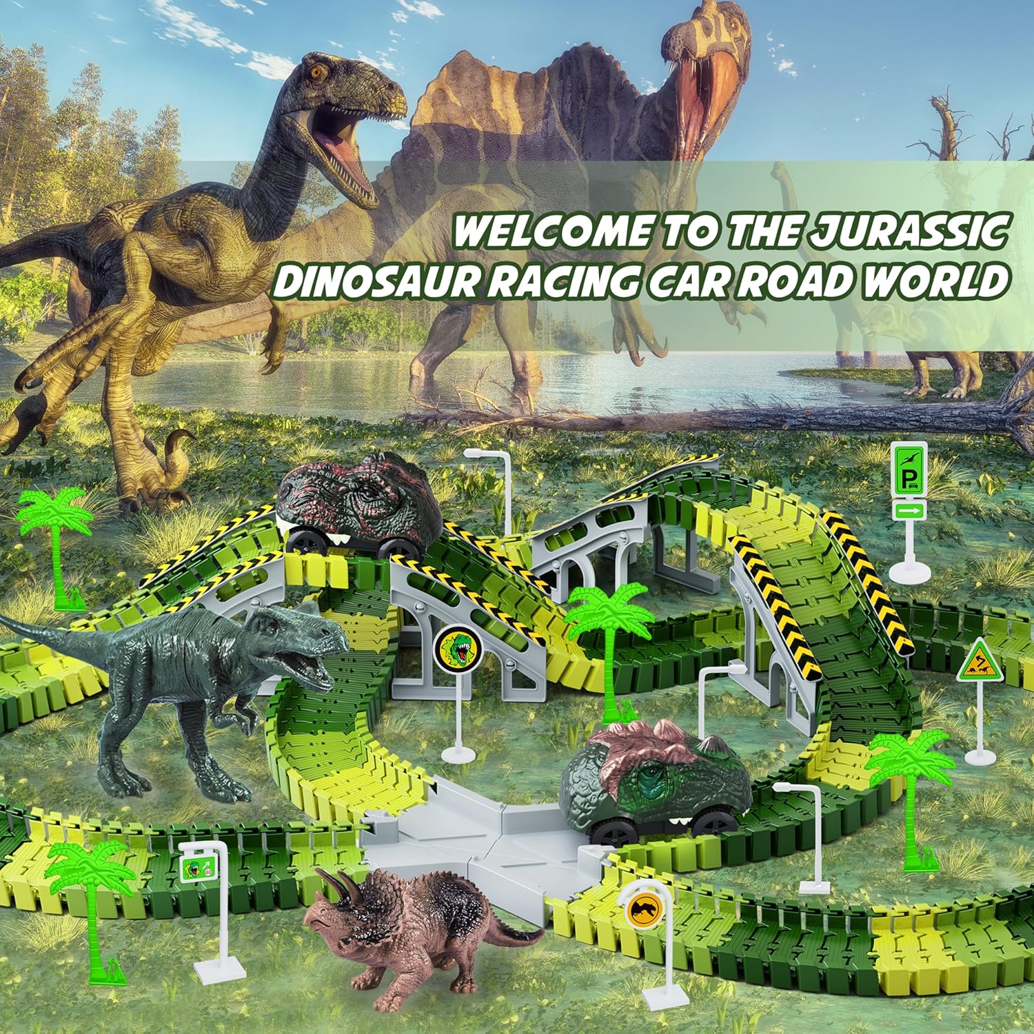 Jurassic-themed dinosaur racing track set with green flexible tracks, bridge ramps, dinosaur cars, palm trees, road signs, and dinosaur figures in a prehistoric backdrop.