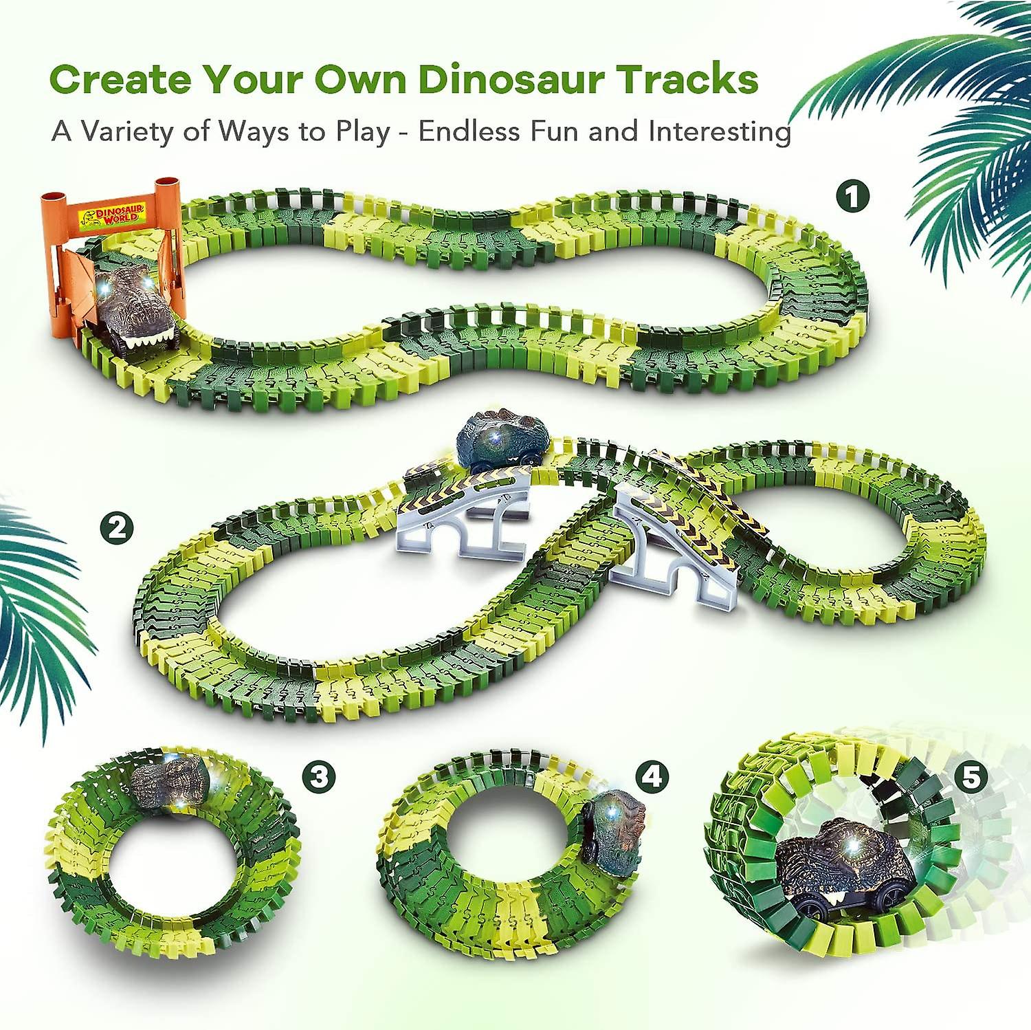 Flexible dinosaur race track set shown in five different layouts, including loops, bridge crossings, and a tunnel gate, with a dinosaur-themed light-up car.