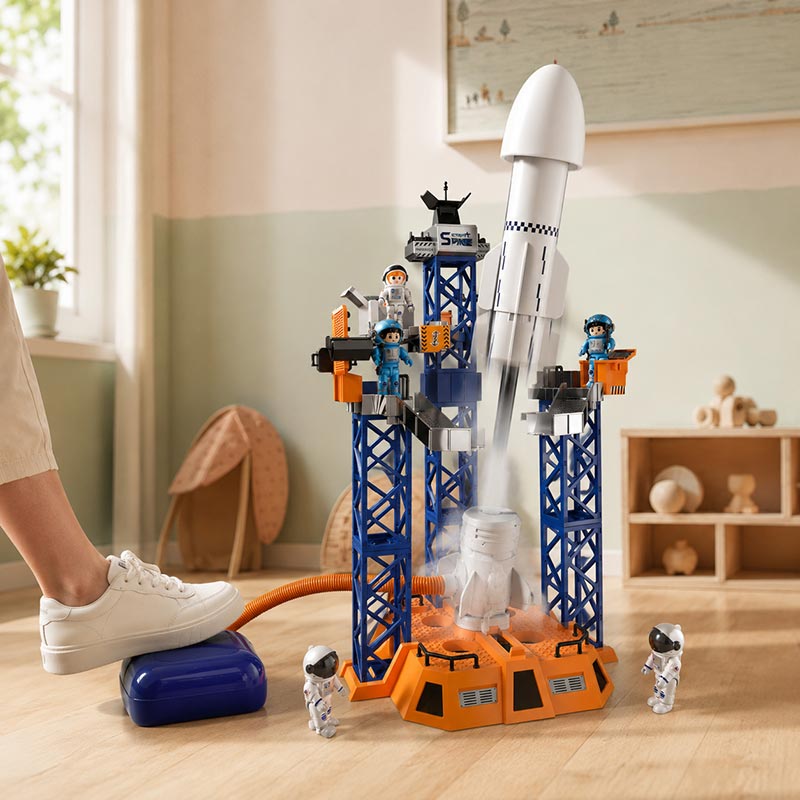 Rocket launch playset with a foot-powered air launcher, launching rocket, astronaut figures, and detailed launch tower for interactive STEM and imaginative space exploration.