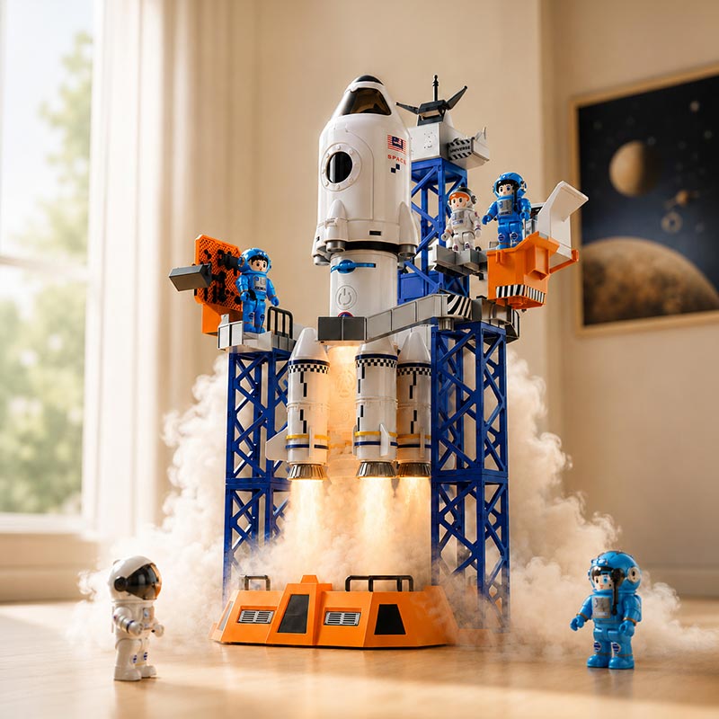 Rocket launch playset with detailed launch tower, astronaut figures, and space rocket lifting off with an actual launch smoke and LED lights.