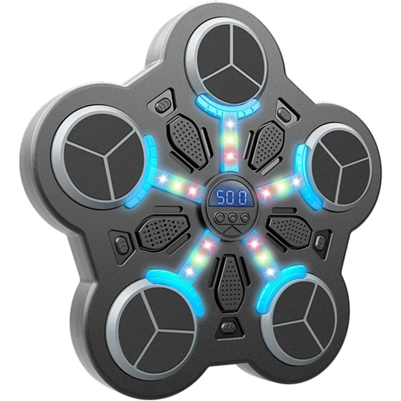 Interactive electronic reflex training game with LED lights, touch targets, sound effects, and digital score display for fast-paced hand-eye coordination play.