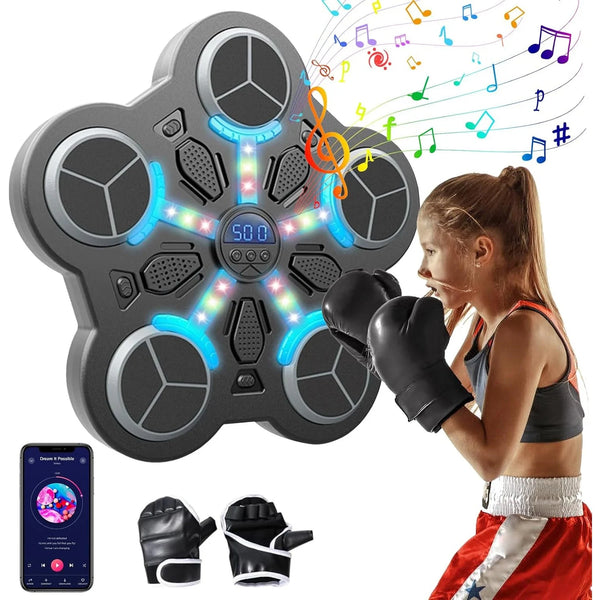 Child using an interactive boxing reflex game with LED light targets, music, digital scoring, Bluetooth connectivity, and included training gloves for active play and coordination practice.