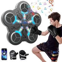 Boy practicing punches on an interactive boxing reflex game with LED light targets, music, digital score display, Bluetooth support, and training gloves included.