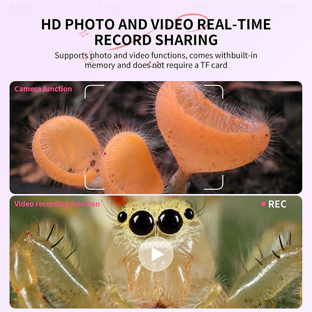 Kids digital microscope showing HD photo and video recording features with close-up microscopic images of fungi and an insect for real-time discovery and learning.