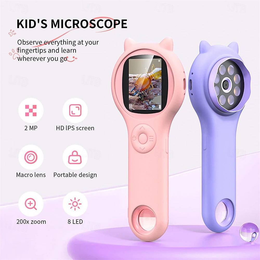 Portable kids digital microscope in pink and purple with HD IPS screen, 200x zoom, macro lens, and 8 LED lights for exploring insects and small objects.