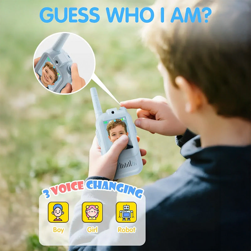 Child using a Lookie Walkie Talkie with voice-changing features, showing boy, girl, and robot voice options and a “Guess Who I Am?” game screen.