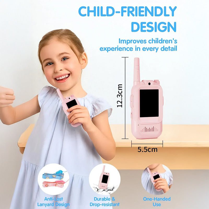 Smiling girl holding a pink child-friendly Lookie walkie-talkie, highlighting compact size, anti-lost lanyard, drop-resistant design, and one-handed use.