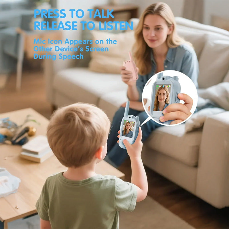 Child and woman using video walkie-talkies indoors, showing press-to-talk communication with live video and on-screen microphone icon.