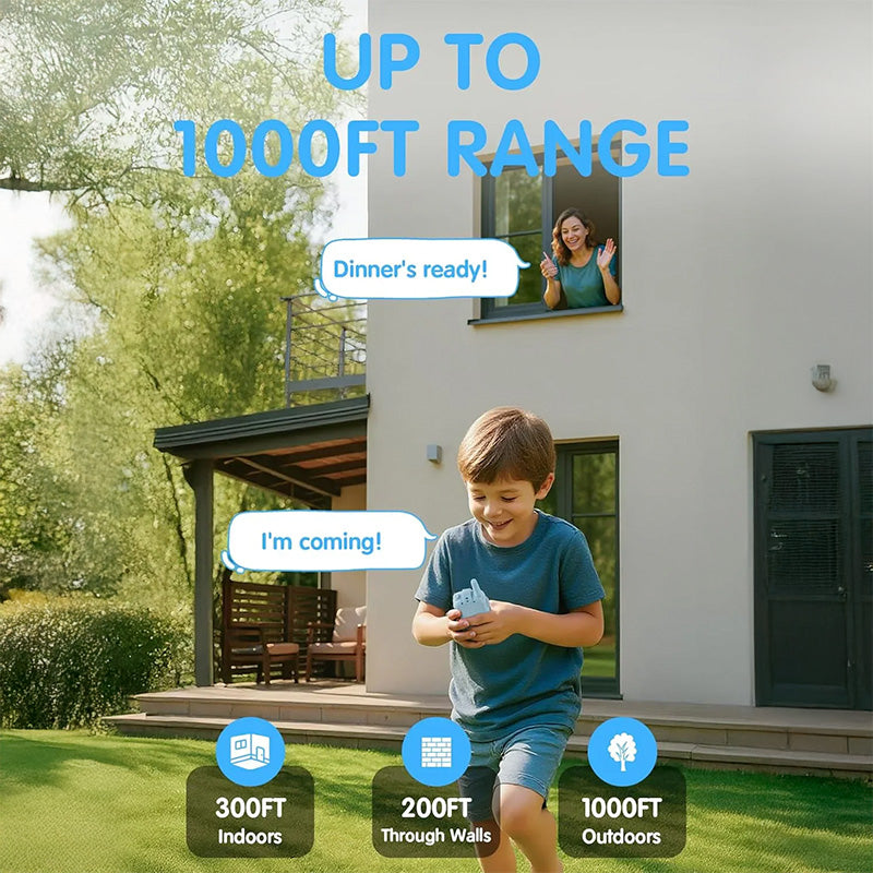 Boy using a Lookie walkie-talkie outside a house while communicating with a woman at the window, highlighting up to 1000 feet outdoor range and through-wall use.