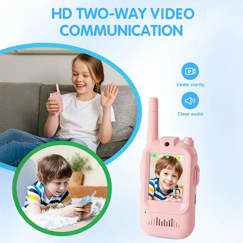 Pink and blue kids’ Lookie walkie-talkie with HD two-way video communication, showing a girl and boy using the device with clear video and audio.