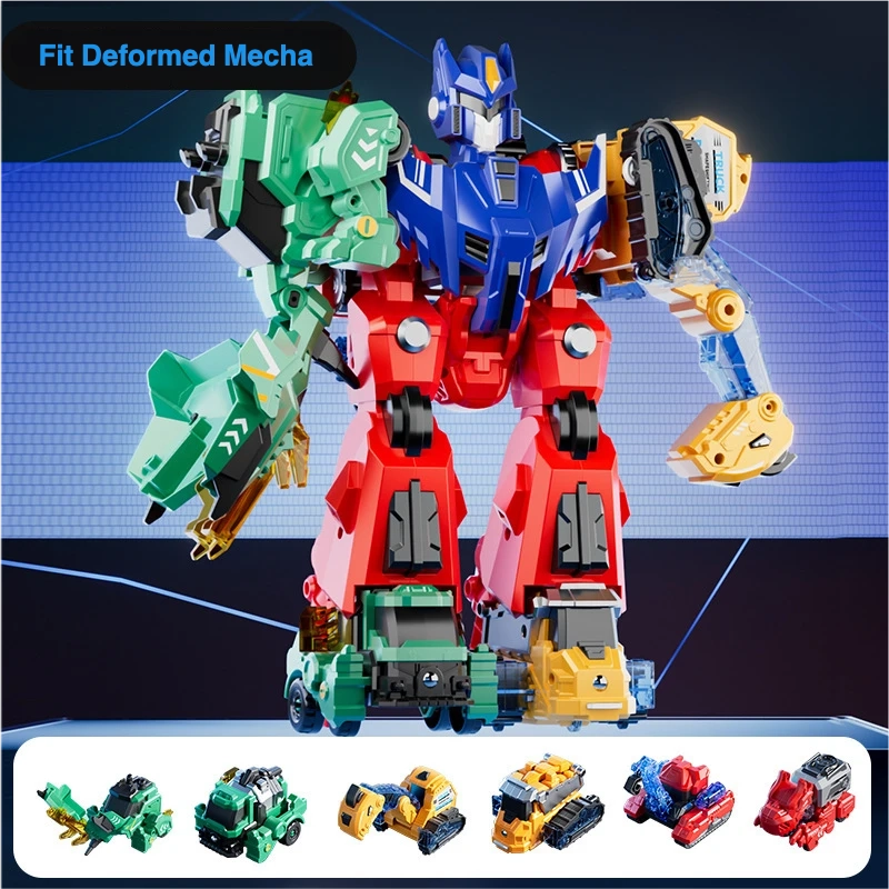 Large transforming robot assembled from six magnetic dinosaur and construction vehicle toys, with the individual component vehicles shown below.