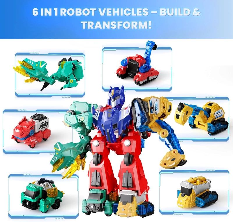 Magnetic Dino Fusion Set toy assembled from multiple vehicle and dinosaur-themed parts, with the combined robot shown alongside its individual component builds.