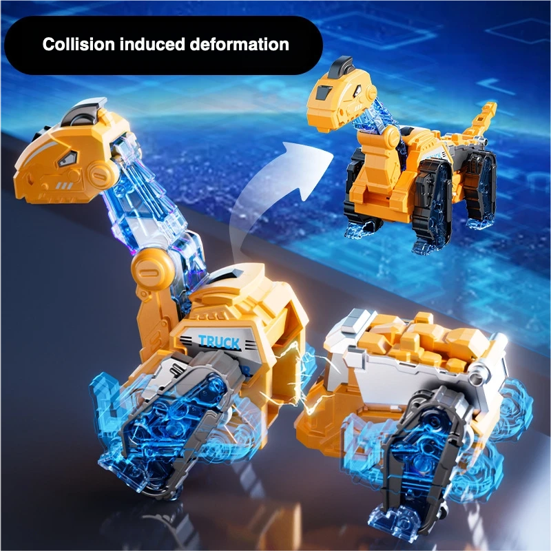 Transforming magnetic dinosaur toy set showing parts connecting and reshaping into a dinosaur figure with collision-triggered transformation.