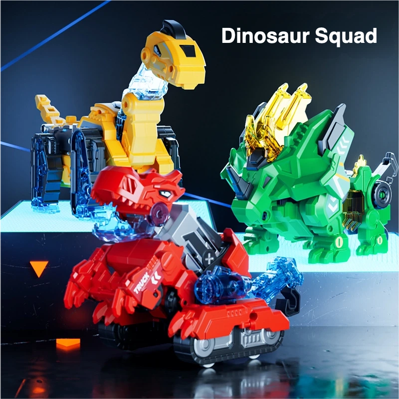 Three transforming dinosaur vehicle toys displayed together, including a red T-rex, green triceratops, and yellow brachiosaurus.