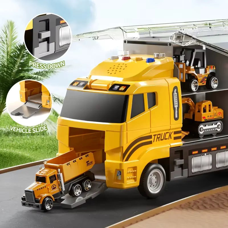Yellow construction transport truck toy with multi-level storage compartments, slide-out loading ramp, press-down launcher, and included mini construction vehicles like dump truck, forklift, and excavator.