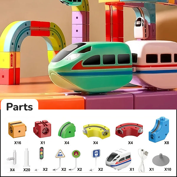 Close up on the 3D Infinity Track trains and all pieces included in the set.